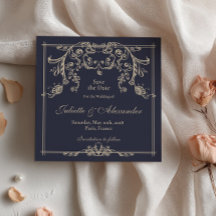Marineblauwe Barok Save the Date Kaart