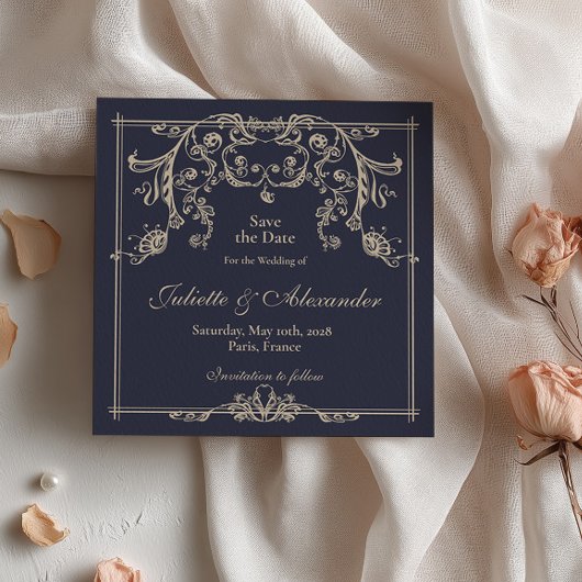 Marineblauwe Barok Save the Date Kaart