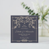 Marineblauwe Barok Save the Date Kaart (Staand voorkant)