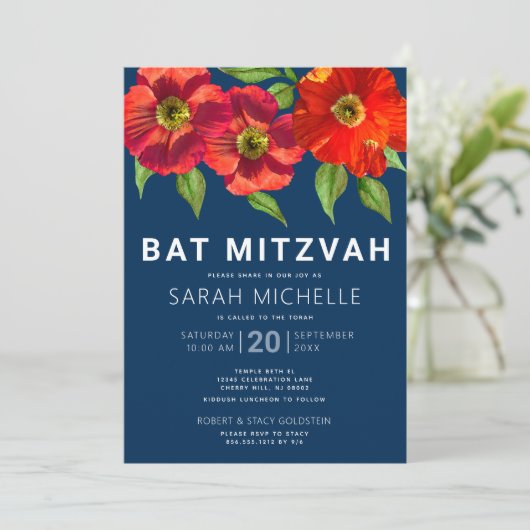 Marineblauwe Bat Mitzvah Rode Waterverf Bloem Mode Kaart (Staand voorkant)