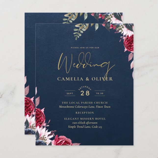 Marineblauwe Bes Bloemig Bourgondiërood Winter Her (Voorkant / Achterkant)