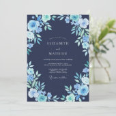 Marineblauwe Bevroren Botanische Bruiloft Kaart (Staand voorkant)