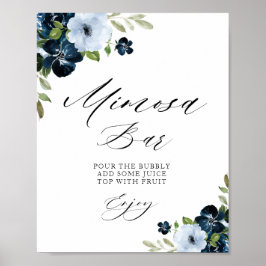 marineblauwe bloem bruiloft brunch mimosa bar bord poster