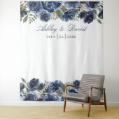 Marineblauwe bloem bruiloft foto booth achtergrond wandkleed (In situ)