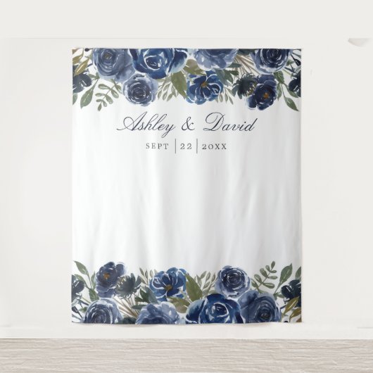 Marineblauwe bloem bruiloft foto booth achtergrond wandkleed (Voorkant)