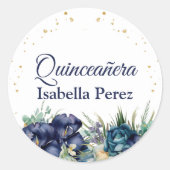 Marineblauwe bloem en gouden glitter Quinceanera Ronde Sticker (Voorkant)