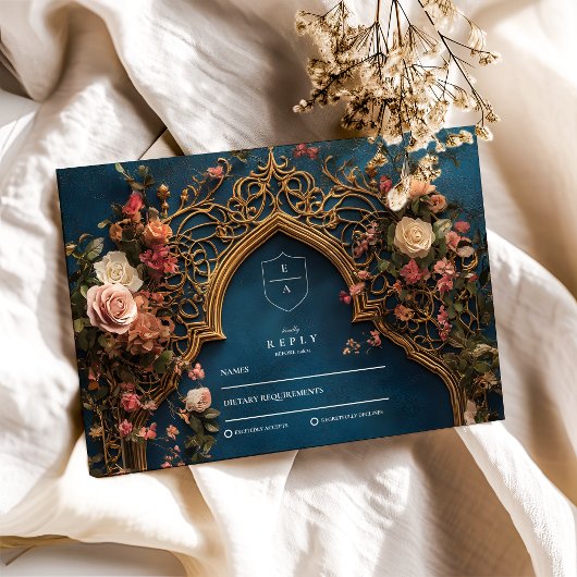 Marineblauwe Bloem Islamitisch Huwelijk RSVP Kaartje