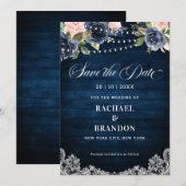 Marineblauwe bloem slingerlampje Save the Date (Voorkant / Achterkant)