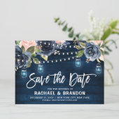 Marineblauwe bloem snoerlicht save the date (Staand voorkant)