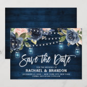 Marineblauwe bloem snoerlicht save the date (Voorkant / Achterkant)