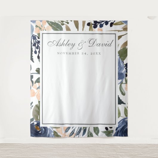 Marineblauwe bloem waterverf fotocabine achtergron wandkleed (Voorkant)