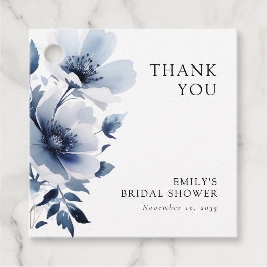 Marineblauwe Bloemachtige Bruidsdouche Bedankjes Labels (Voorkant)