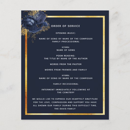 Marineblauwe bloemblaadjes gouden foto begrafenisp (Achterkant)