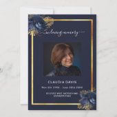 Marineblauwe bloemblaadjes gouden foto begrafenisp kaart (Voorkant)