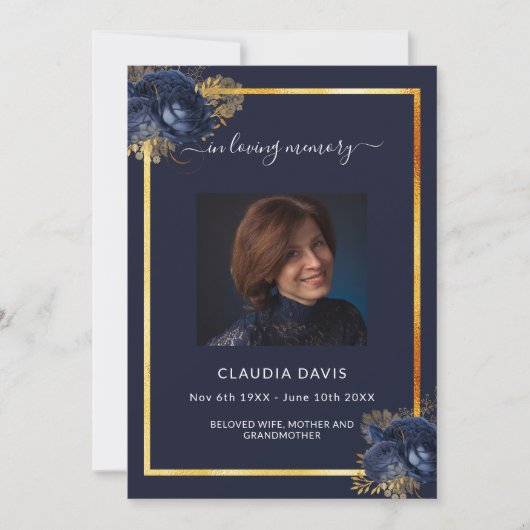 Marineblauwe bloemblaadjes gouden foto begrafenisp kaart (Voorkant)
