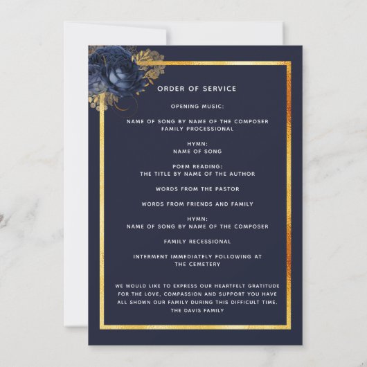 Marineblauwe bloemblaadjes gouden foto begrafenisp kaart (Achterkant)