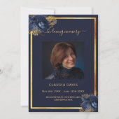 Marineblauwe bloemblaadjes gouden foto begrafenisp notitiekaartje (Voorkant)