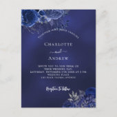Marineblauwe bloemen elegante bruiloft uitnodiging briefkaart (Voorkant)
