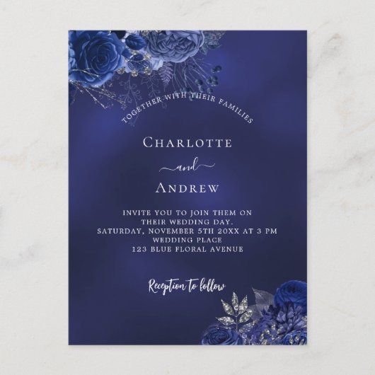 Marineblauwe bloemen elegante bruiloft uitnodiging briefkaart (Voorkant)