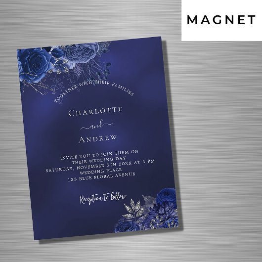 Marineblauwe bloemen elegante luxe bruiloft magnetische uitnodiging