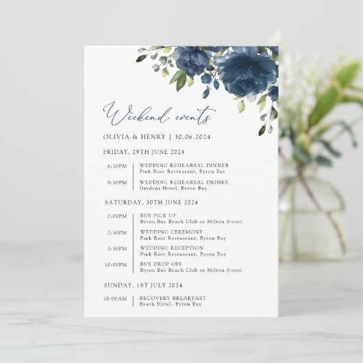 Marineblauwe bloemen, groen, huwelijkstijdlijn (Staand voorkant)