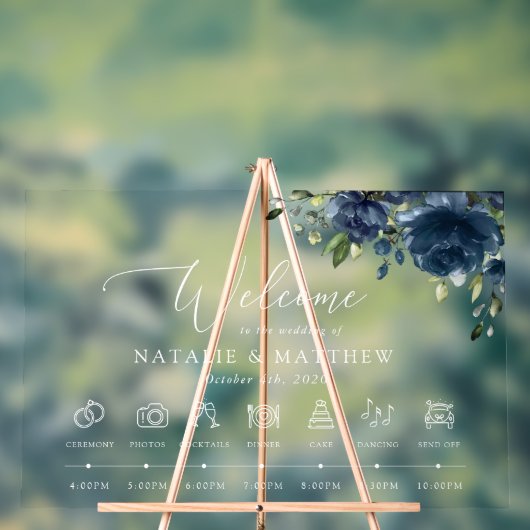 Marineblauwe bloemen, groen, huwelijkstijdlijn acryl bord (Neutraal)