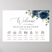 Marineblauwe bloemen, groen, huwelijkstijdlijn poster (Voorkant)