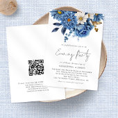 Marineblauwe bloemen QR-code bruiloft avondfeest I Kaart