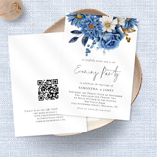 Marineblauwe bloemen QR-code bruiloft avondfeest I Kaart