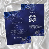 Marineblauwe bloemen QR-code RSVP bruiloft Kaart