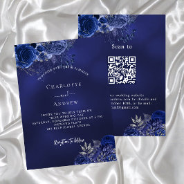 Marineblauwe bloemen QR-code RSVP bruiloft Kaart