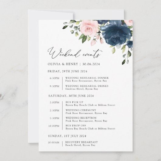 Marineblauwe bloemen, roze bloemen, huwelijkstijdl (Voorkant)