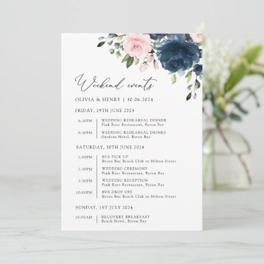 Marineblauwe bloemen, roze bloemen, huwelijkstijdl (Staand voorkant)