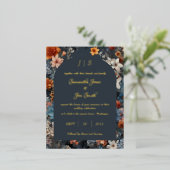 Marineblauwe bloemenbruiloft folie uitnodiging briefkaart (Staand Voorkant)