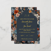 Marineblauwe bloemenbruiloft folie uitnodiging briefkaart (Voorkant / Achterkant)