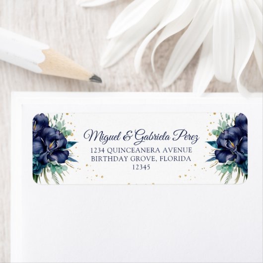 Marineblauwe Bloemengoud Glitter Retouradres Etiket (Insitu)