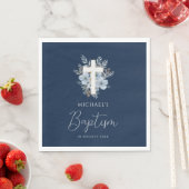 marineblauwe bloemenkruisdoop servet (Insitu)