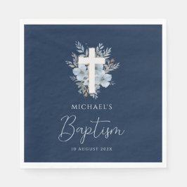 marineblauwe bloemenkruisdoop servet