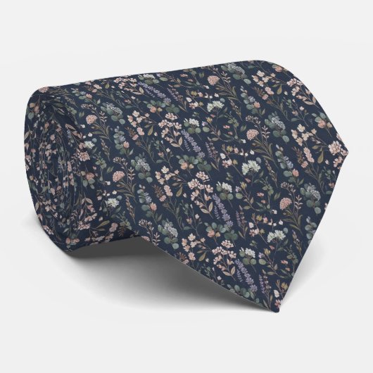 Marineblauwe bloemenprint  stropdas (Opgerold)