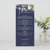 Marineblauwe bloemenslingerlichten bruiloftsdiner menu (Staand voorkant)