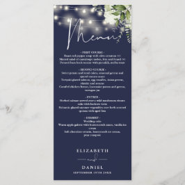 Marineblauwe bloemenslingerlichten bruiloftsdiner menu