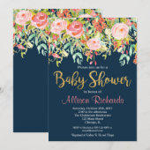 marineblauwe bloemenuitnodiging voor baby shower kaart (Voorkant / Achterkant)