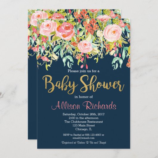 marineblauwe bloemenuitnodiging voor baby shower kaart (Voorkant / Achterkant)