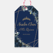 Marineblauwe bloemenvlinders Quince 16e verjaardag Cadeaulabel (Achterkant)