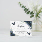 Marineblauwe bloemenvlinders Quinceañera Receptie Informatiekaartje (Staand voorkant)