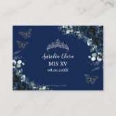 Marineblauwe bloemenvlinders Quinceañera Receptie Informatiekaartje (Achterkant)