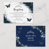Marineblauwe bloemenvlinders Quinceañera Receptie Informatiekaartje (Voorkant / Achterkant)