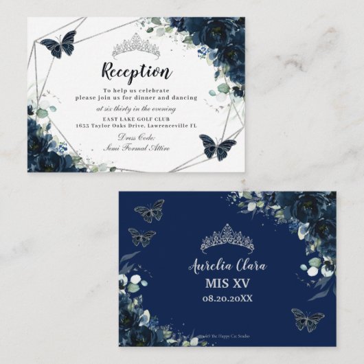 Marineblauwe bloemenvlinders Quinceañera Receptie Informatiekaartje (Voorkant / Achterkant)