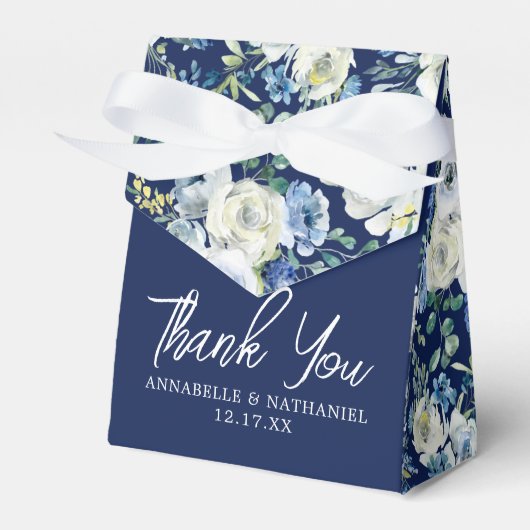 Marineblauwe bloemige elegante avond winter bruilo bedankdoosjes (Voorkant Zijde)