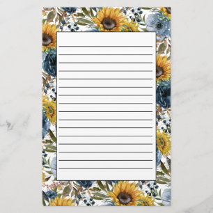 Marineblauwe bloemige gele zonnebloemen witte gevo briefpapier
